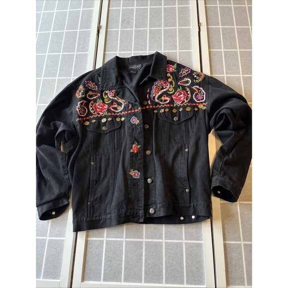 Carol Little Jackets & Blazers - Womens Black Floral Boho Maximalist Dopamine Western Embroidered Denim Coat Sz14